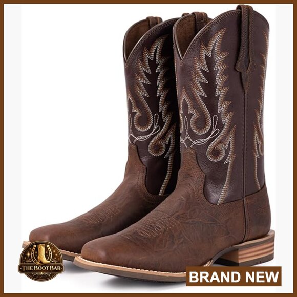 Genuine Leather Cowboy Boots Mid Calf Western Embroidered Square Toe